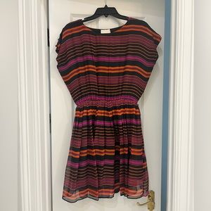 Aryn K Anthropologie Silk Striped Black, Orange, Magenta Mini Dress M